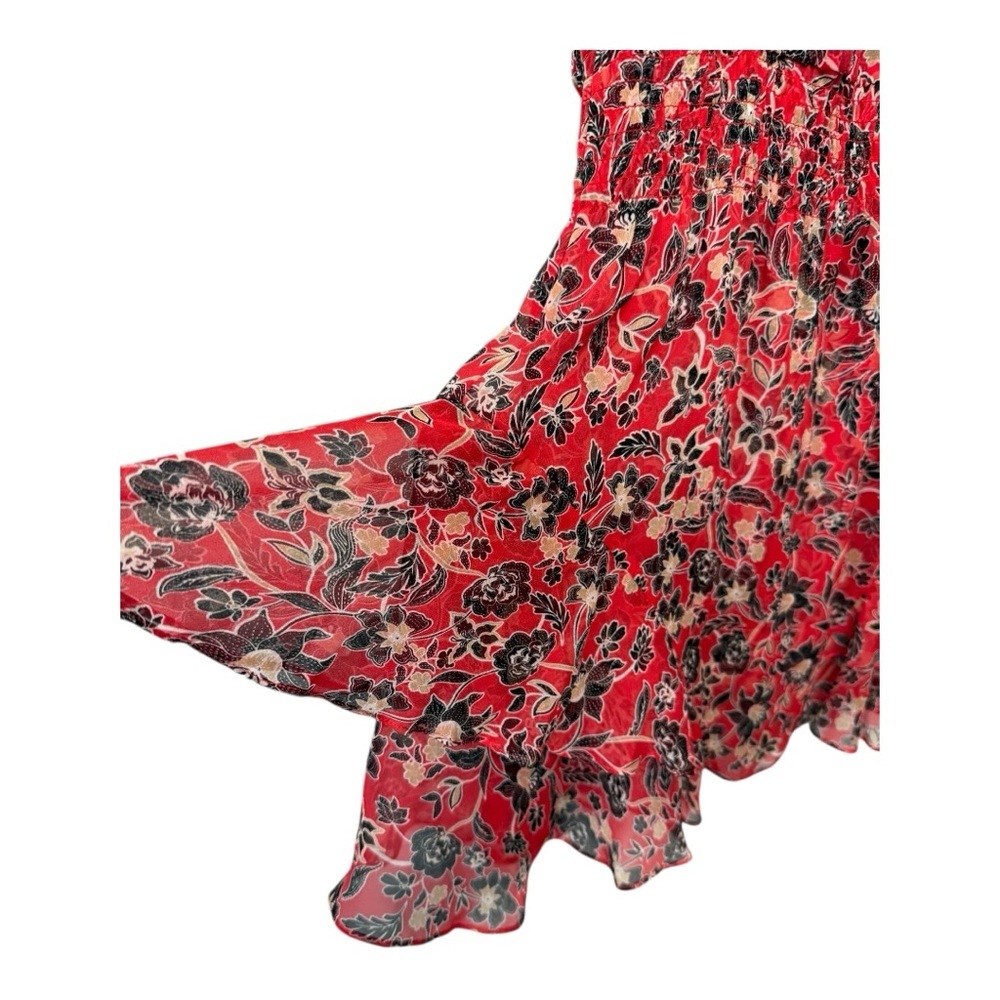 Parker Red Black Silk Floral V Neck Dress Mini Smocked Waist Ruffled Mini Dress - Picture 8 of 15